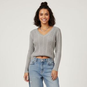 Aeropostale Y2K Sweater Cable Knit Angora Blend Gray V-Neck Preppy Women sz M